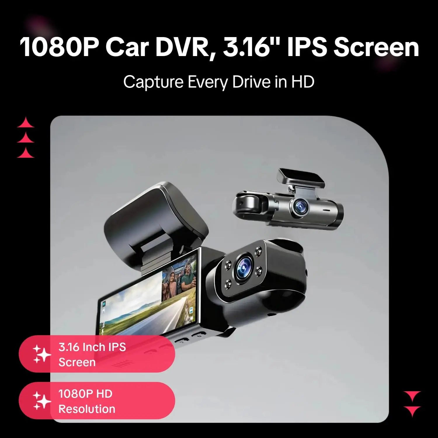 Car DVR, 3.16 Inch IPS Screen 1080P HD Car Dash Cam DVR with 32GB Memory Card, Car Driving Recorder with Infrared Night Vision, G-Sensor Car Camera, Automotive Driving Recorder, Touchscreen Dash Cam