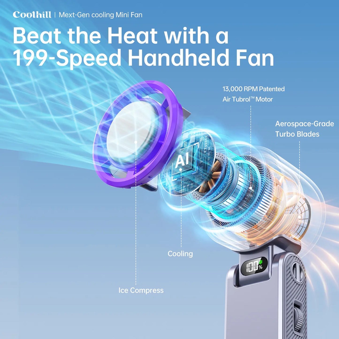 Coolhill Portable Fan Handheld High Speed Fan 199 Adjustable Levels Foldable for Summer Travel Vacation Essentials& Outdoor Activities Cool Fan